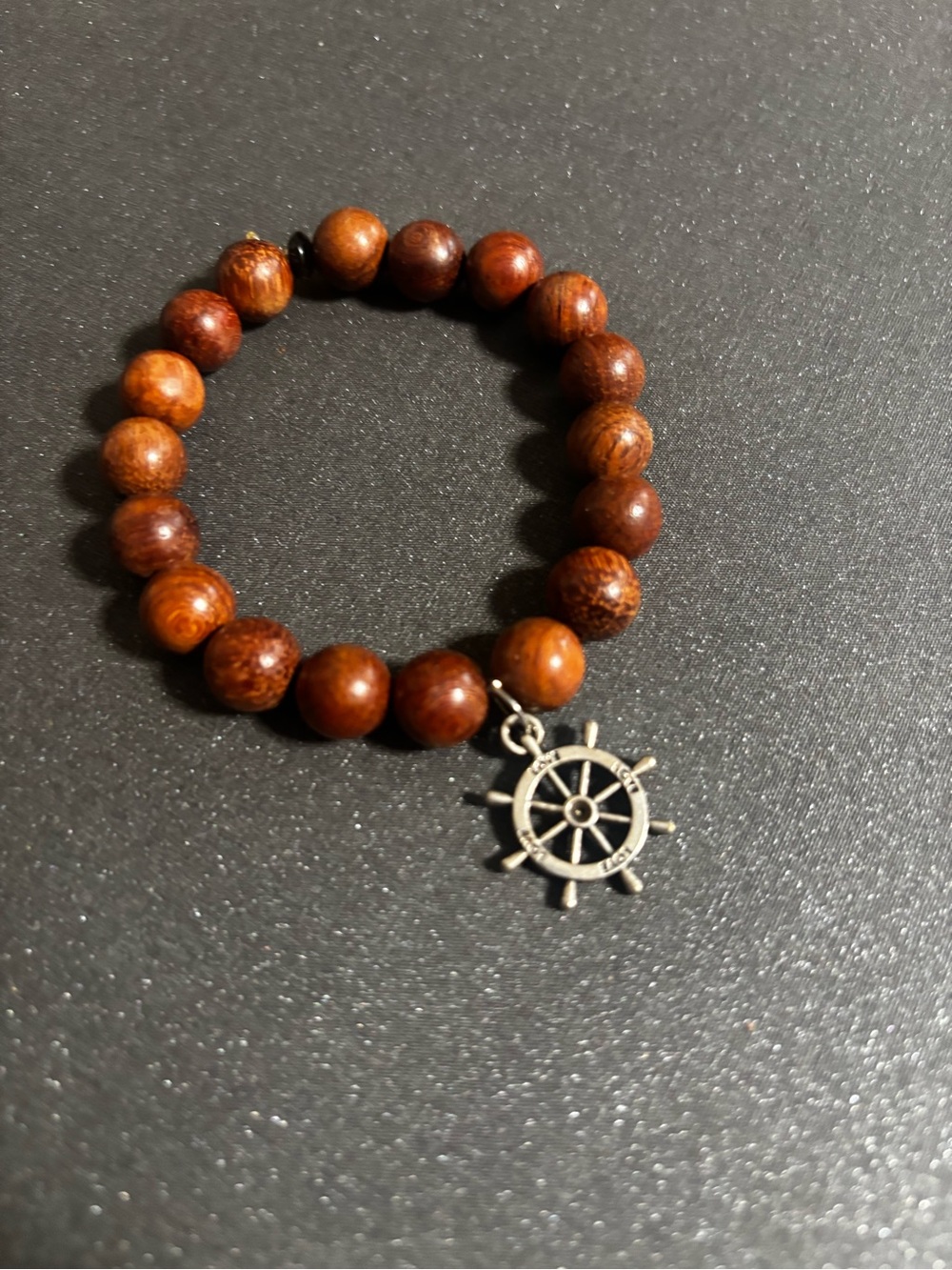 Wood Bead Bracelet with Ship Wheel Charm - Brown